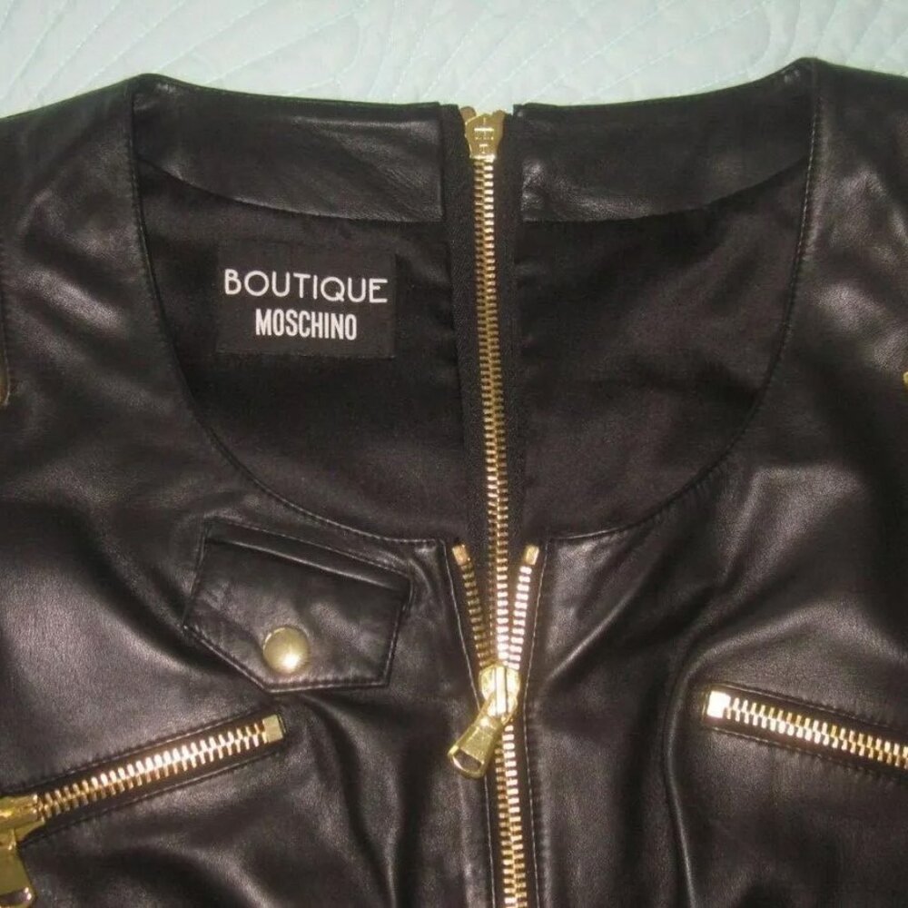 Moschino Black Leather Gold Heavy Zipper Lined BELTED Dress IT40 US 6 BIKE ITALI